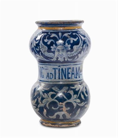 Albarello di Farmacia in Maiolica con Decoro a Grottesche, Imitazione del XIX-XX Secolo