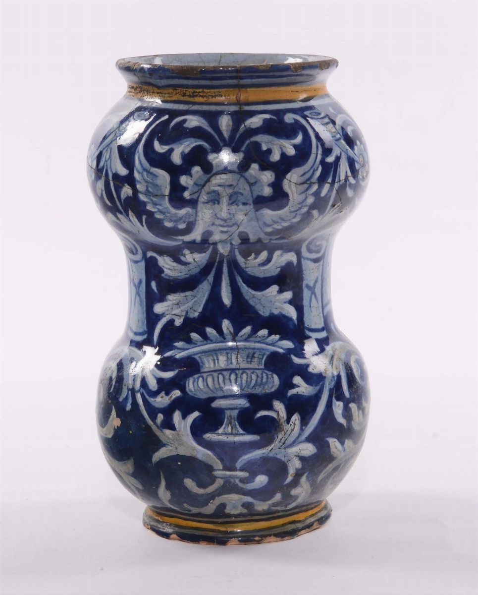 Albarello di Farmacia in Maiolica con Decoro a Grottesche, Imitazione del XIX-XX Secolo