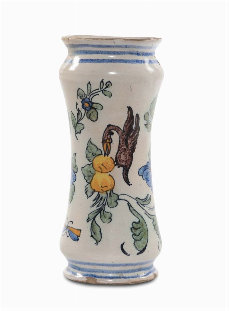 Albarello in maiolica a decoro naturalistico, italia meridionale, XVIII secolo  - Asta Maioliche Italiane dal XVI al XVIII Secolo - Cambi Casa d'Aste