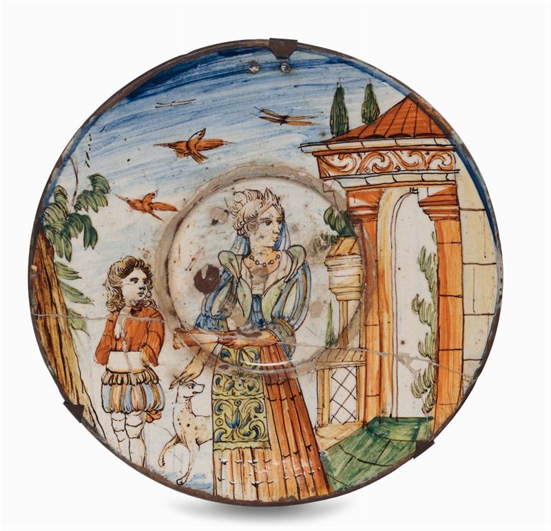 Piatto in maiolica policroma con scena istoriata, Spagna? XVIII/XIX secolo  - Asta Maioliche Italiane dal XVI al XVIII Secolo - Cambi Casa d'Aste