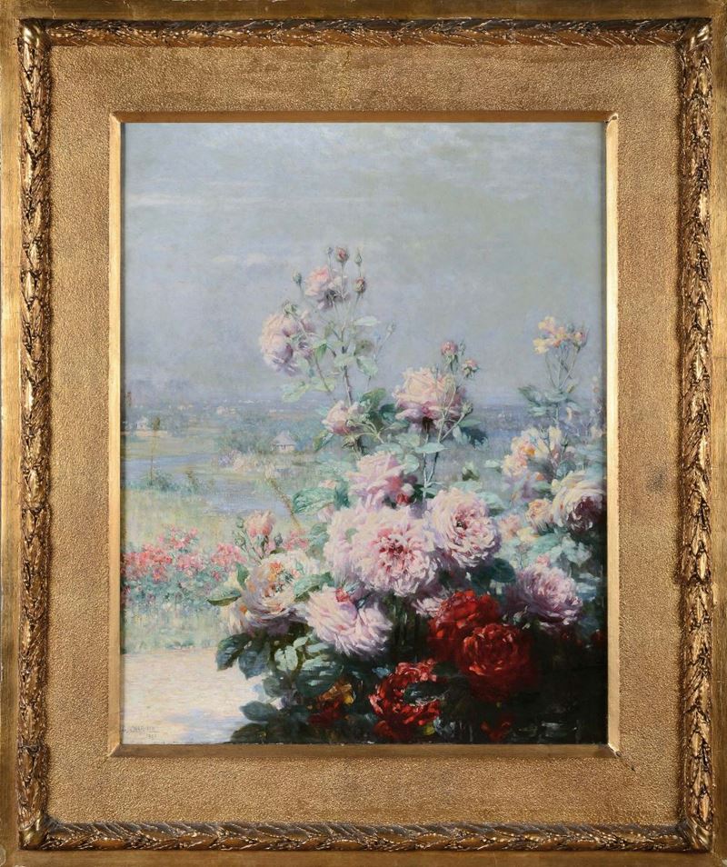 Grégoire Chapoton (1845-?) Fiori con paesaggio, 1891  - Auction 19th and 20th Century Paintings - Cambi Casa d'Aste