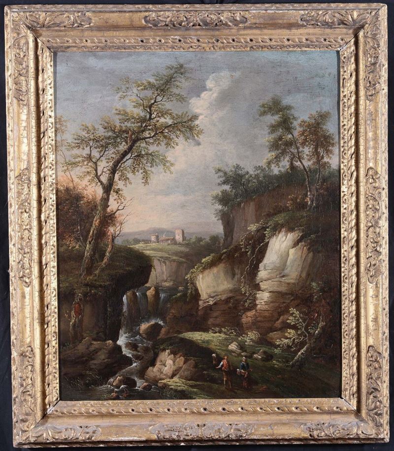 Scuola Fiamminga del XVIII secolo Paesaggio con figure  - Asta Dipinti Antichi - Cambi Casa d'Aste