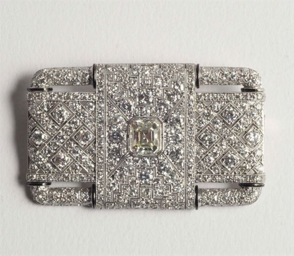 An Art Deco style diamond and enamel plaque brooch