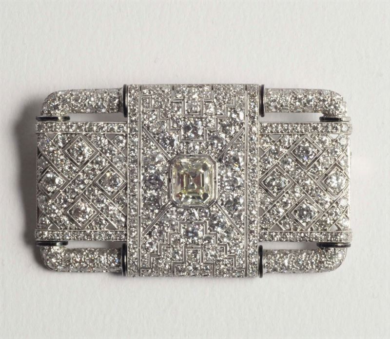 An Art Deco style diamond and enamel plaque brooch  - Auction Silver, Ancient and Contemporary Jewels - Cambi Casa d'Aste
