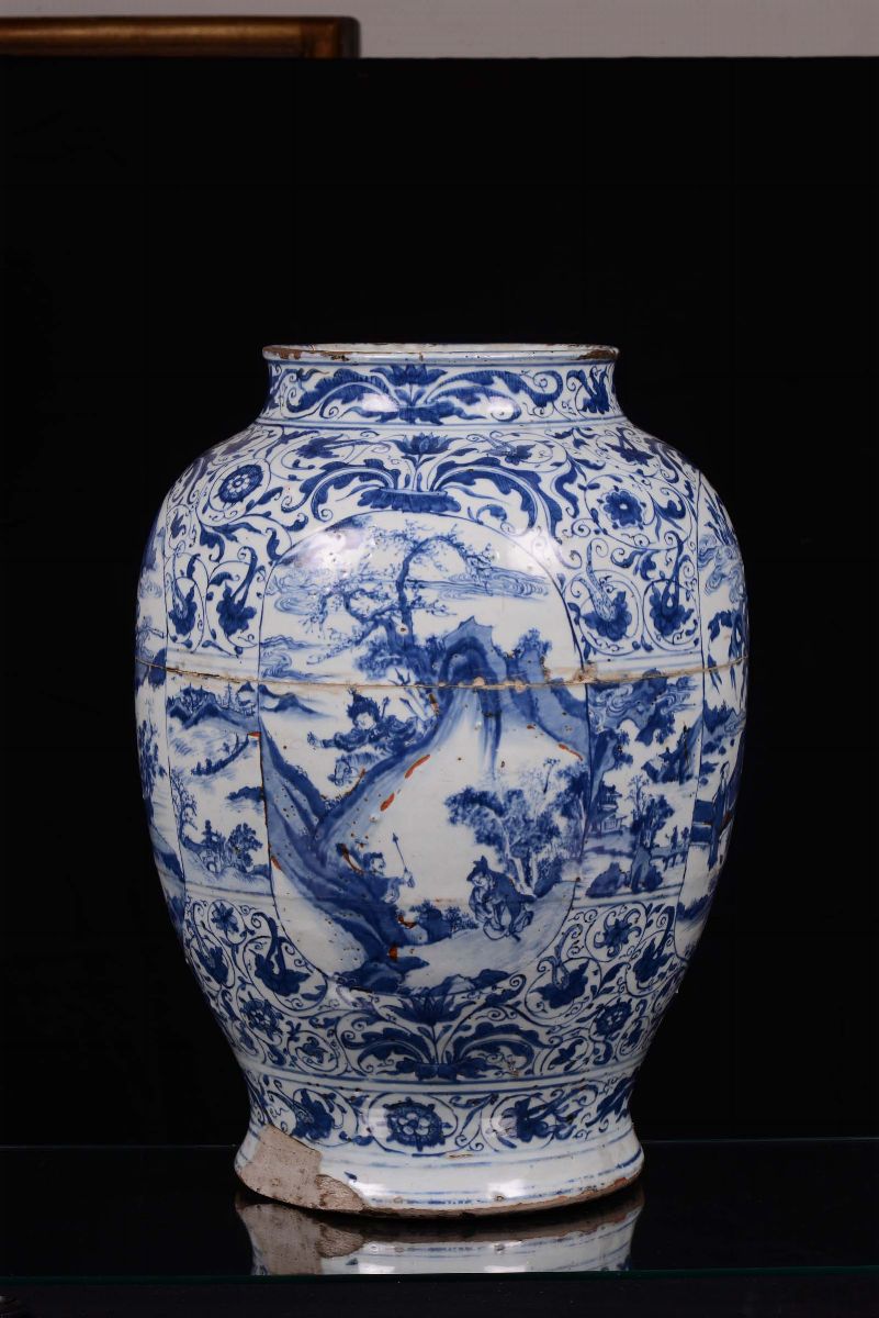 Potiche in Porcellana Bianca e Blu con Coperchio a Figura di Cane di Pho, Cina, Dinastia Ming, Pe...