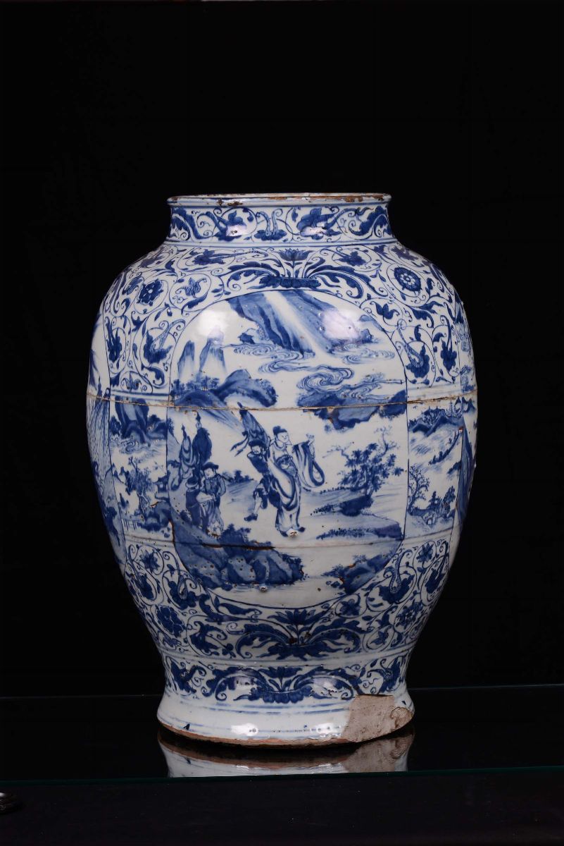 Potiche in Porcellana Bianca e Blu con Coperchio a Figura di Cane di Pho, Cina, Dinastia Ming, Pe...