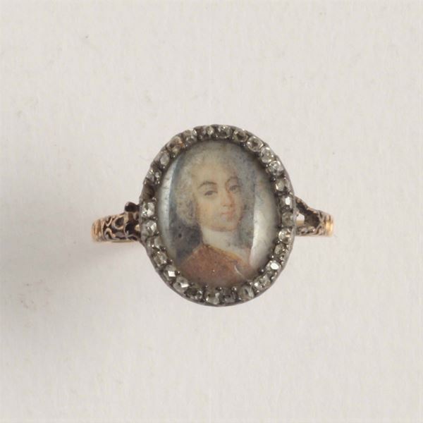 A miniature of a gentleman framed in a diamond border ring