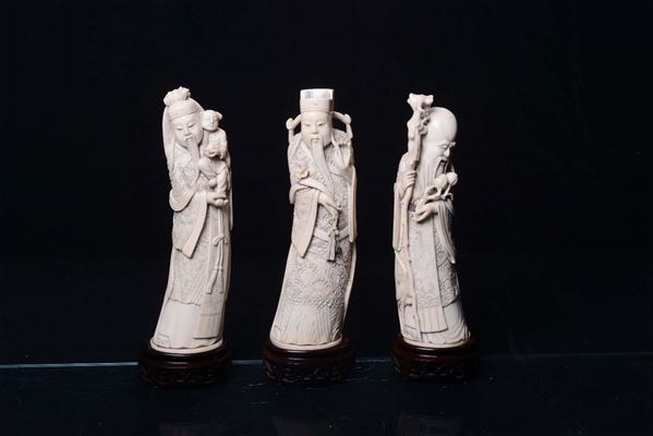 Three ivory wise men, China, Qing Dynasty, 20th century, mark on the base