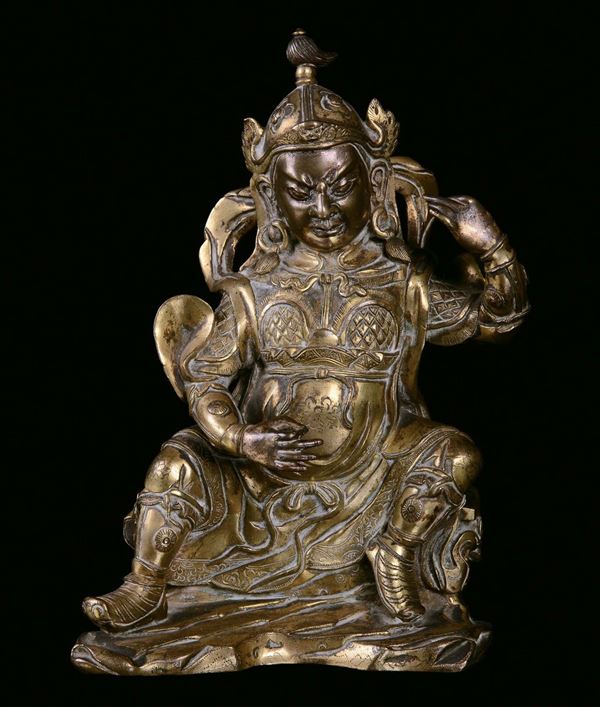 Guardiano in bronzo dorato seduto su trono, Cina, Dinastia Qing, XVIII secolo