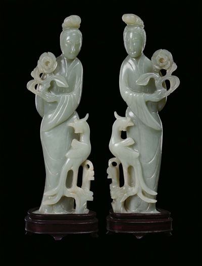 Coppia di Guanyin in Giadeite Verde, Cina, Dinastia Qing, XX Secolo