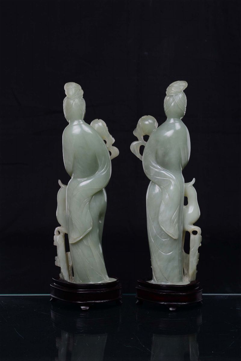 Coppia di Guanyin in Giadeite Verde, Cina, Dinastia Qing, XX Secolo