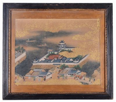 Coppia di Disegni Raffiguranti Vedute Orientali, Giappone, Periodo Edo (1603-1869)