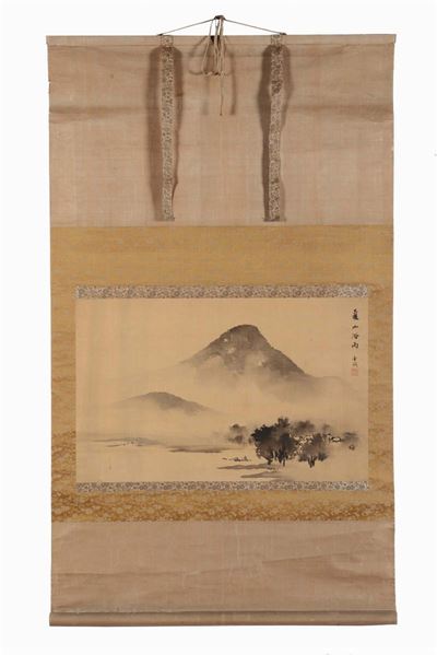 Rotolo in Pergamena e Seta Raffigurante Paesaggio con Scritta, Cina, Dinastia Qing, XIX Secolo