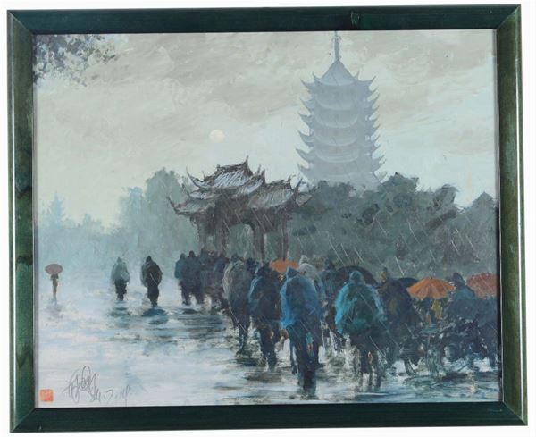 A painting representing an oriental town, China, 20th century