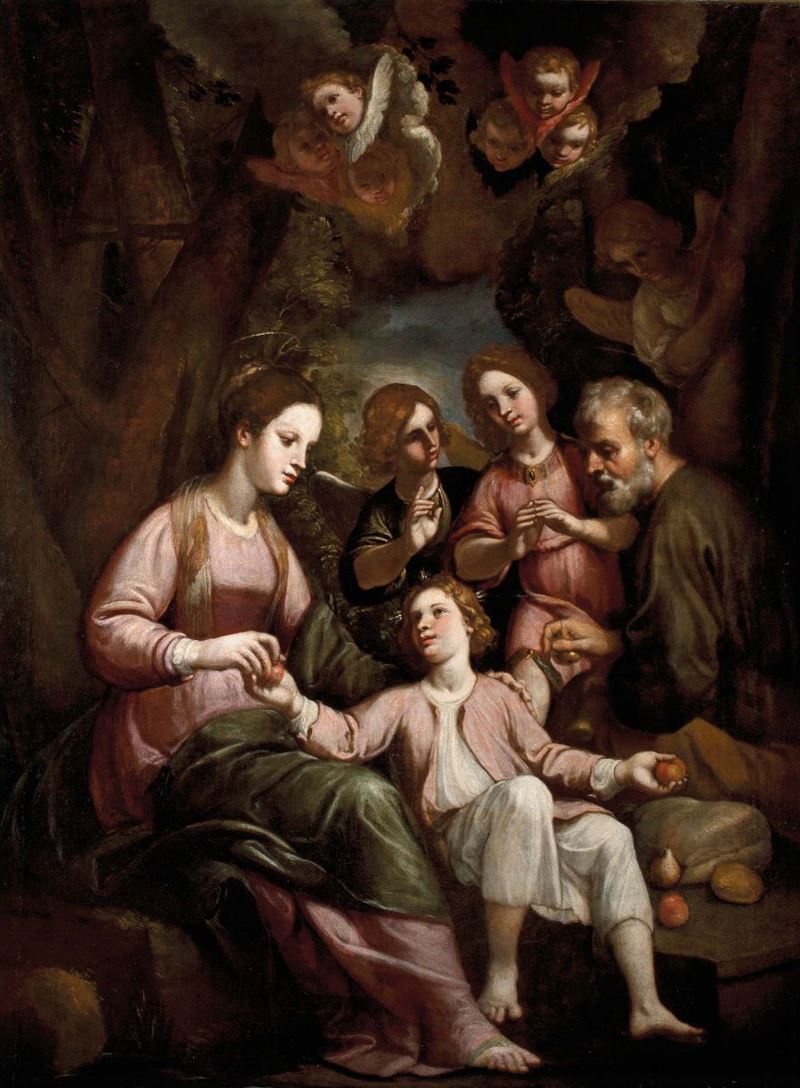 Bernardo Castello (Genova 1557-1629) Sacra Famiglia con Angeli  - Asta Dipinti Antichi - Cambi Casa d'Aste