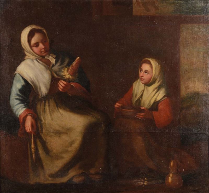 Scuola Lombarda del XVIII secolo Donne al lavoro  - Asta Dipinti Antichi - Cambi Casa d'Aste