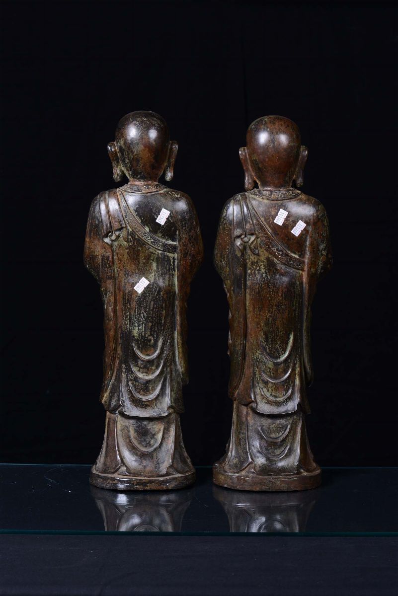 Coppia di Figure di Buddha in Piedi in Bronzo, Cina, XX Secolo