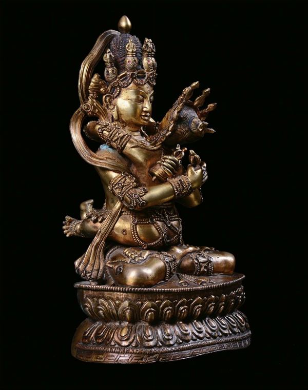 Divinità tibetana in bronzo dorato, Tibet, XIX secolo