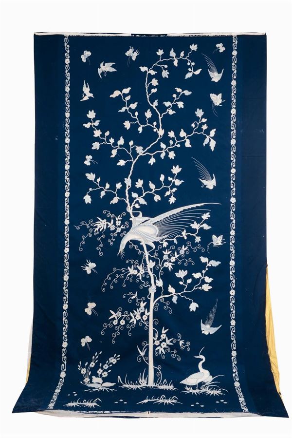 A panel in blue embroidered fabric, China, early 20th century