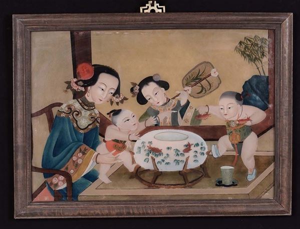 Due dipinti su vetro con figure orientali, Cina fine XIX secolo