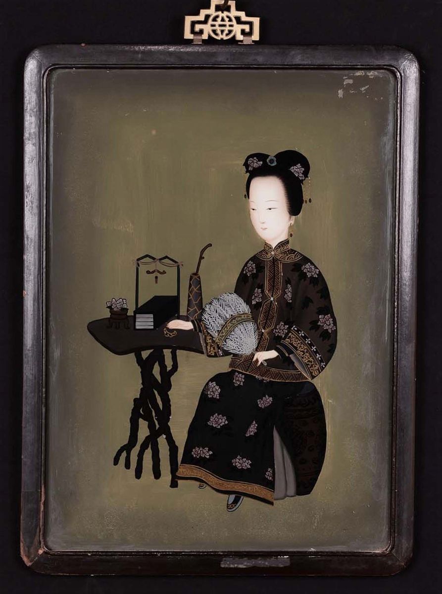 Due Dipinti su Vetro con Figure Orientali, Cina XIX Secolo