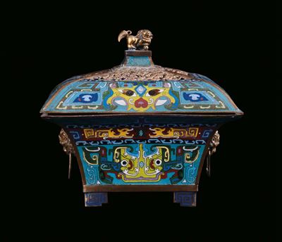 Incensiere Cloisonné con Presa a Cane di Pho in Bronzo Dorato, Cina, Dinastia Qing, XIX Secolo