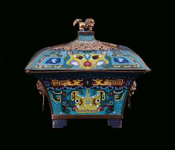 A cloisonné censer with handle in the shape of a gilt bronze Pho dog, China, Qing Dynasty, 19th century