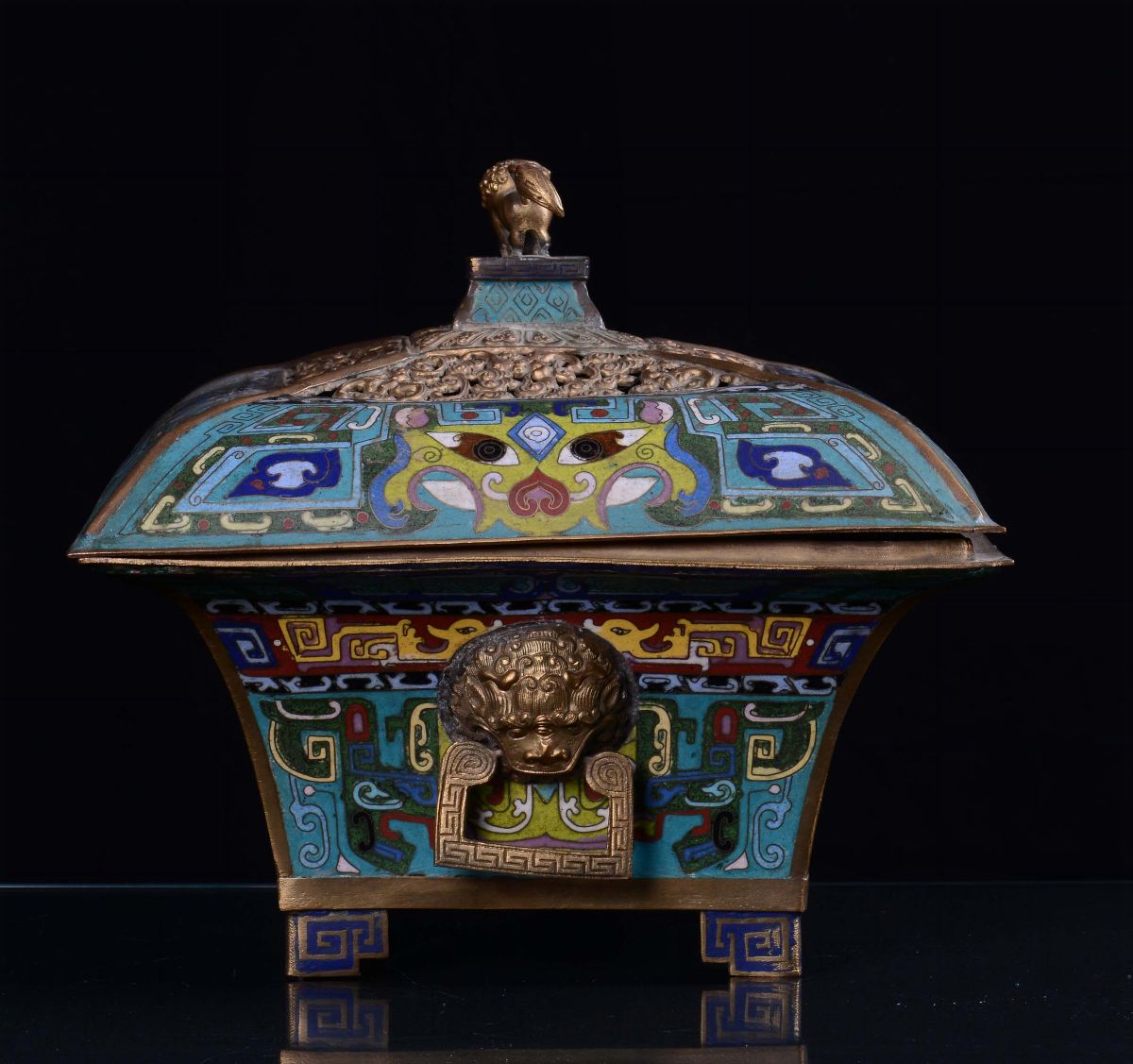 Incensiere Cloisonné con Presa a Cane di Pho in Bronzo Dorato, Cina, Dinastia Qing, XIX Secolo