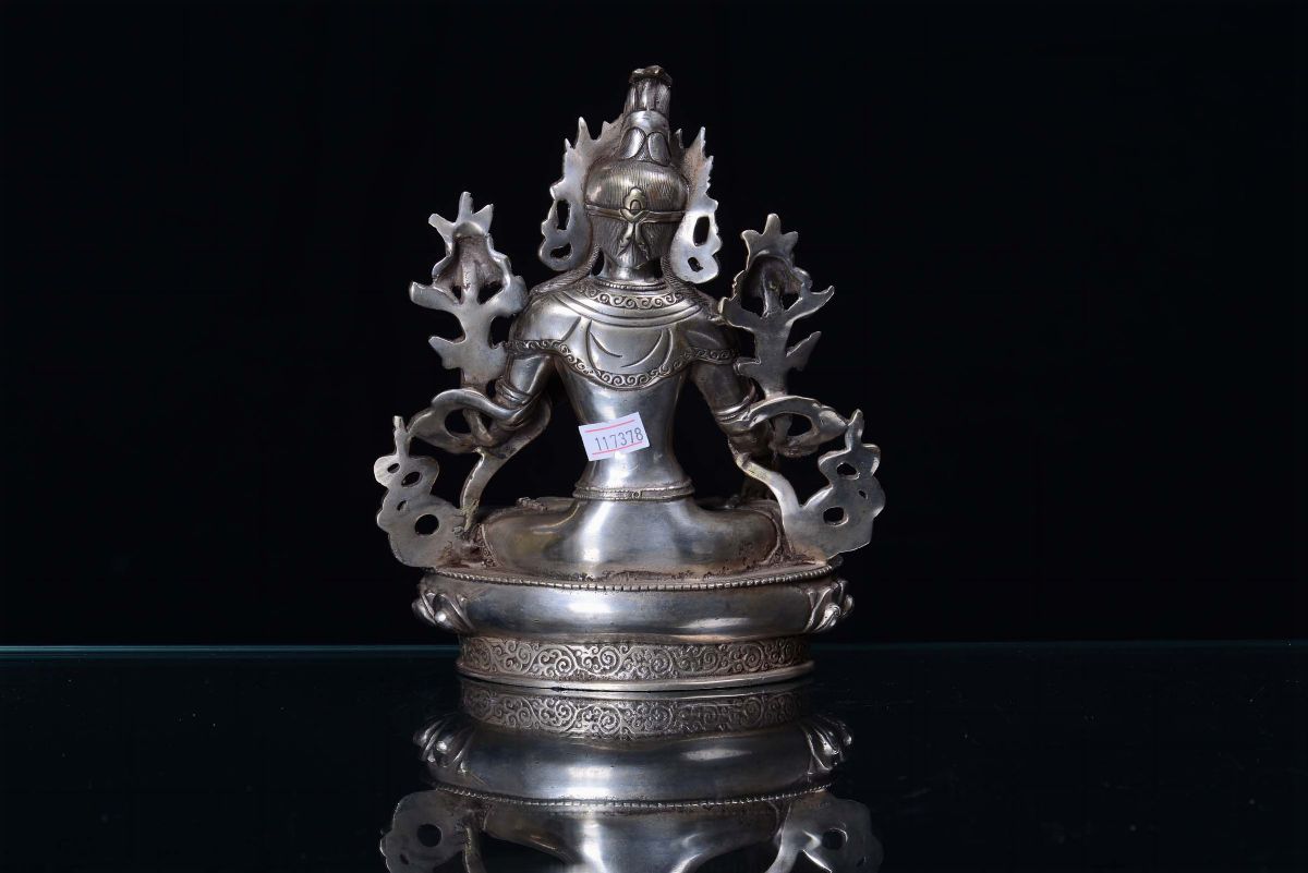 Divinità Orientale e Tre Piccoli Buddha in Bronzo, XIX Secolo