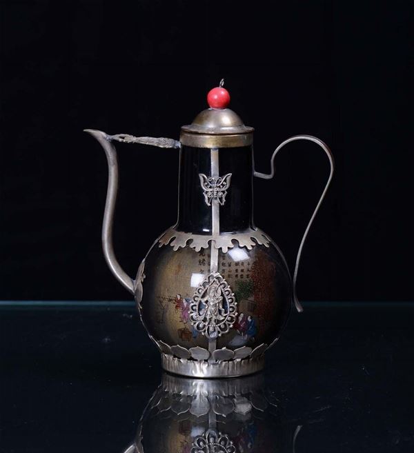 A small glass and metal teapot decorated with figures and ideograms, late 19th century