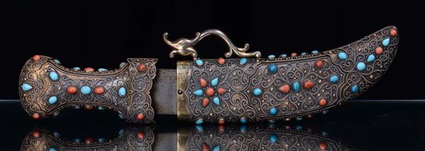 A silver dagger with coral and turquoise, 20th century