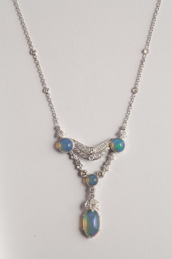 An Art Nouveau style opal and diamond-set necklace