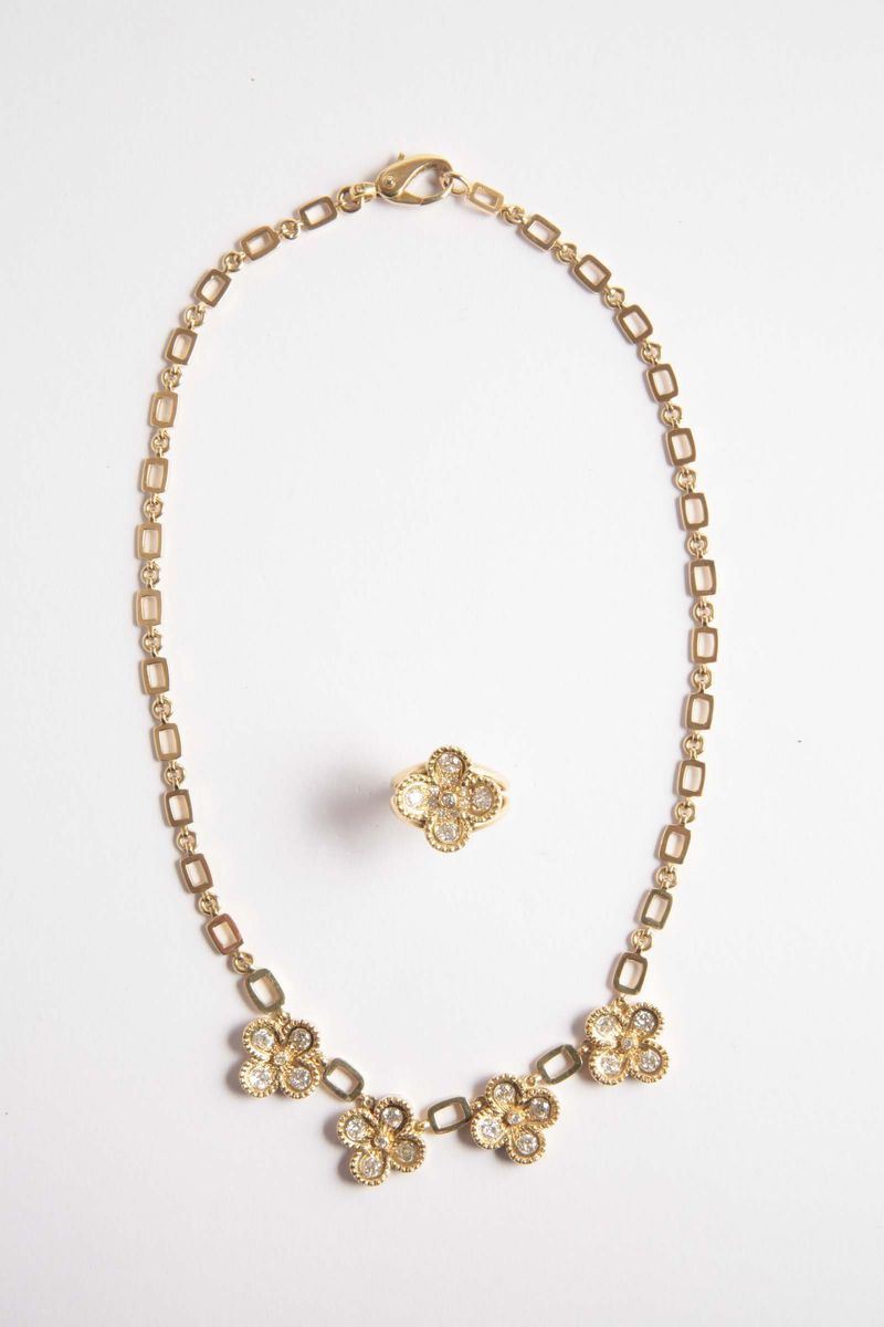 A gold and diamond four-leaf clover necklace and ring  - Auction Silver, Ancient and Contemporary Jewels - Cambi Casa d'Aste