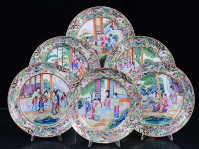 Sei Piatti in Porcellana con Decoro Canton, Cina, Dinastia Qing, XIX Secolo