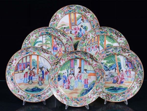 Sei piatti in porcellana con decoro Canton, Cina, Dinastia Qing, XIX secolo