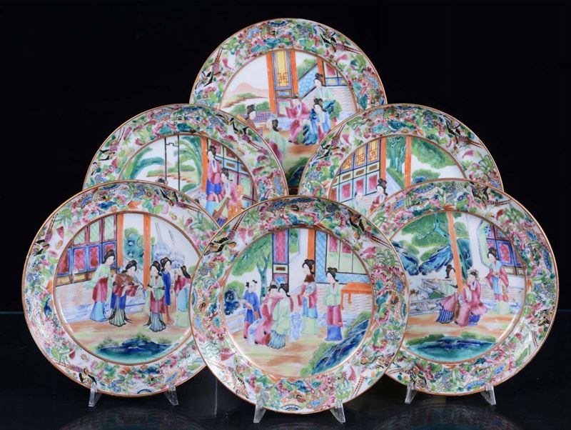 Sei piatti in porcellana con decoro Canton, Cina, Dinastia Qing, XIX secolo  - Asta Arredi e Oggetti d'Arte da Importanti Collezioni Private - Cambi Casa d'Aste