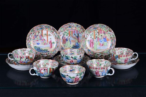 Six porcelain cups with dishes with Canton decoration, China, Qing Dynasty, 19th century