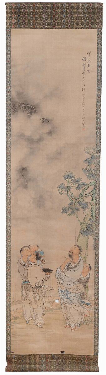 Scroll in Seta Cinese con Personaggi, Cina, Dinastia Qing, XIX Secolo