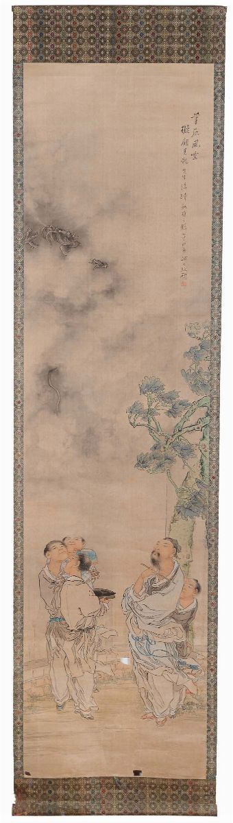Scroll in seta cinese con personaggi, Cina, Dinastia Qing, XIX secolo