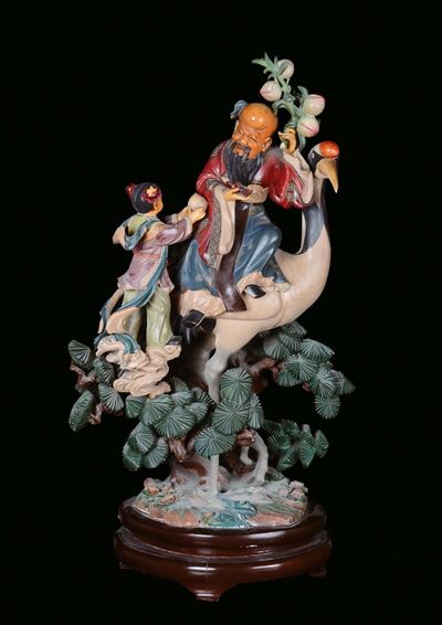Gruppo in Legno Intagliato e Laccato con Mani e Testa in Avorio, Cina, XX Secolo