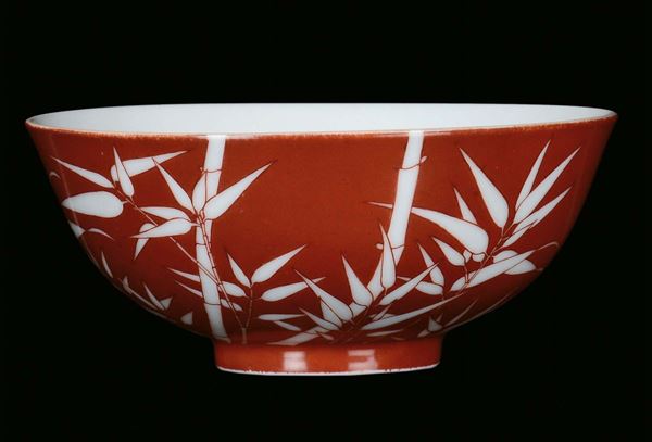 A small porcelain bowl with orange background and bamboo, China, Qing Dynasty, Daoguang Period (1821-1850)