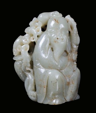 Saggio Seduto in Giada Celadon, Cina, Dianstia Qing, XIX Secolo