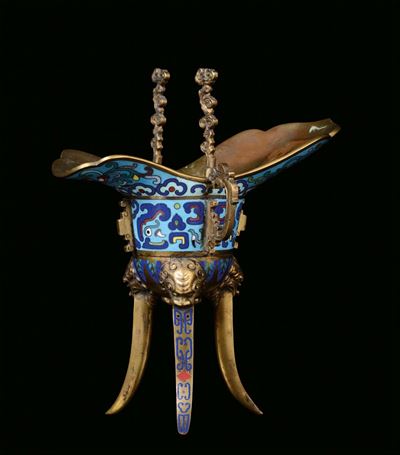 Vaso di Forma Arcaica Cloisonné e Bronzo Dorato, Cina, Dinastia Qing, XIX Secolo