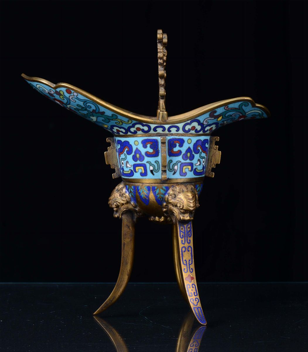 Vaso di Forma Arcaica Cloisonné e Bronzo Dorato, Cina, Dinastia Qing, XIX Secolo