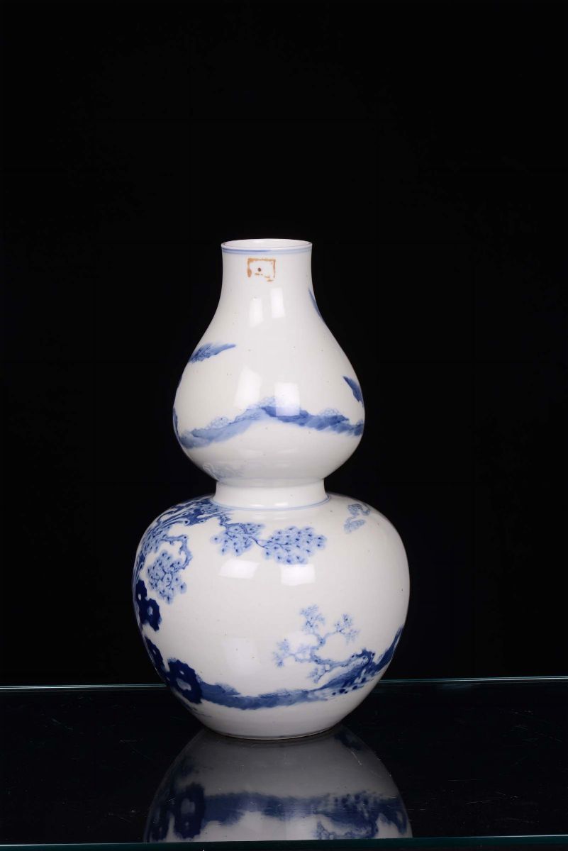 Vaso in Porcellana Bianca e Blu a Doppia Zucca con Figure, Cina XIX Secolo