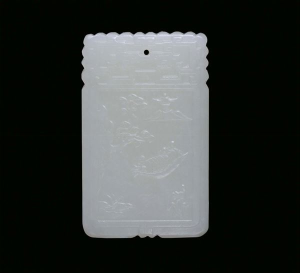 A small squared white jade plate with inscriptions and landscapes, China, Qing Dynasty, 19th century 