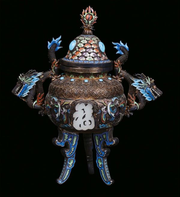 A silver, enamel and filigree censer with application of gems and jades, China, Qing Dynasty, 19th centuryHandles in the shape of dragon