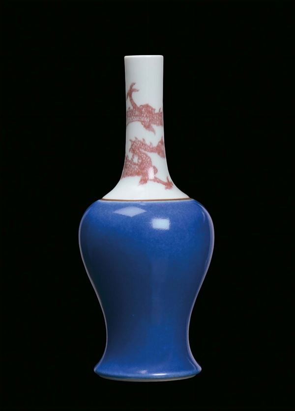 A blue porcelain vase with red dragon, China, Qing Dynasty , 19th century Apocryphal Kangxi mark