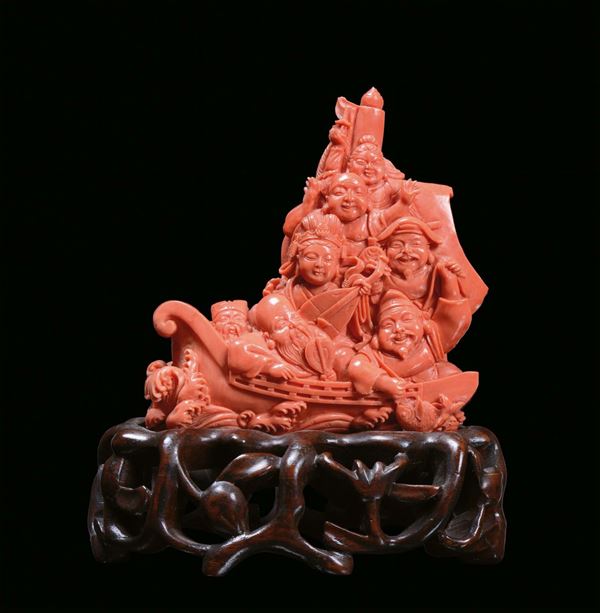 Gruppo in corallo rosso scolpito con musicanti in barca, Cina, Dinastia Qing, XIX secolo