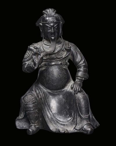 Guerriero in Bronzo a Patina Scura, Cina, Dinastia Ming, XVII Secolo